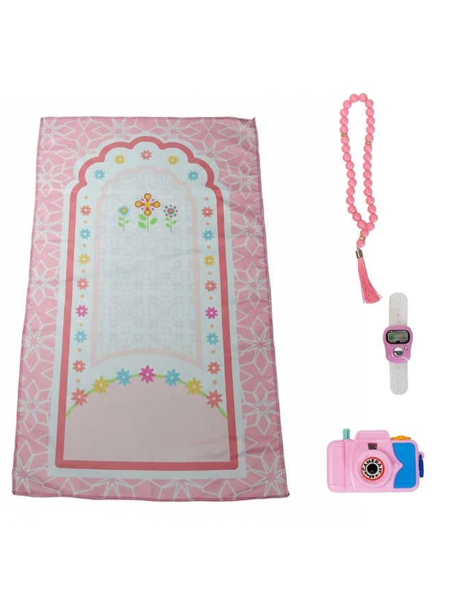 epicarma 4-in-1 Kids Prayer Mat Set with Resettable 5-Digit LCD Electronic Finger Tally Counter, Islamic Zikr Camera & Tasbih Prayer Beads – Prayer Mat for Kids Learning the Salah, 60×100cm - Image 1